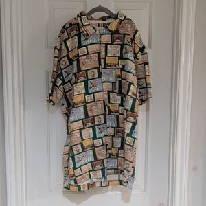 Colorful Linen Graphic Beer-Themed Men's Button-Down Shirt Vintage size M